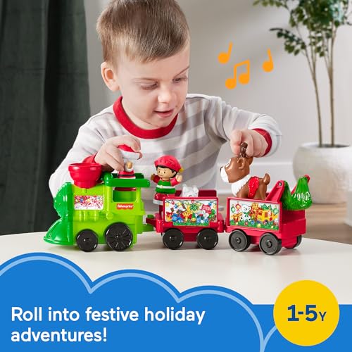 Fisher-Price Little People Toddler Toy Musical Christmas Train with Santa Elf & Reindeer Figures for Pretend Play Kids Ages 1+ Years