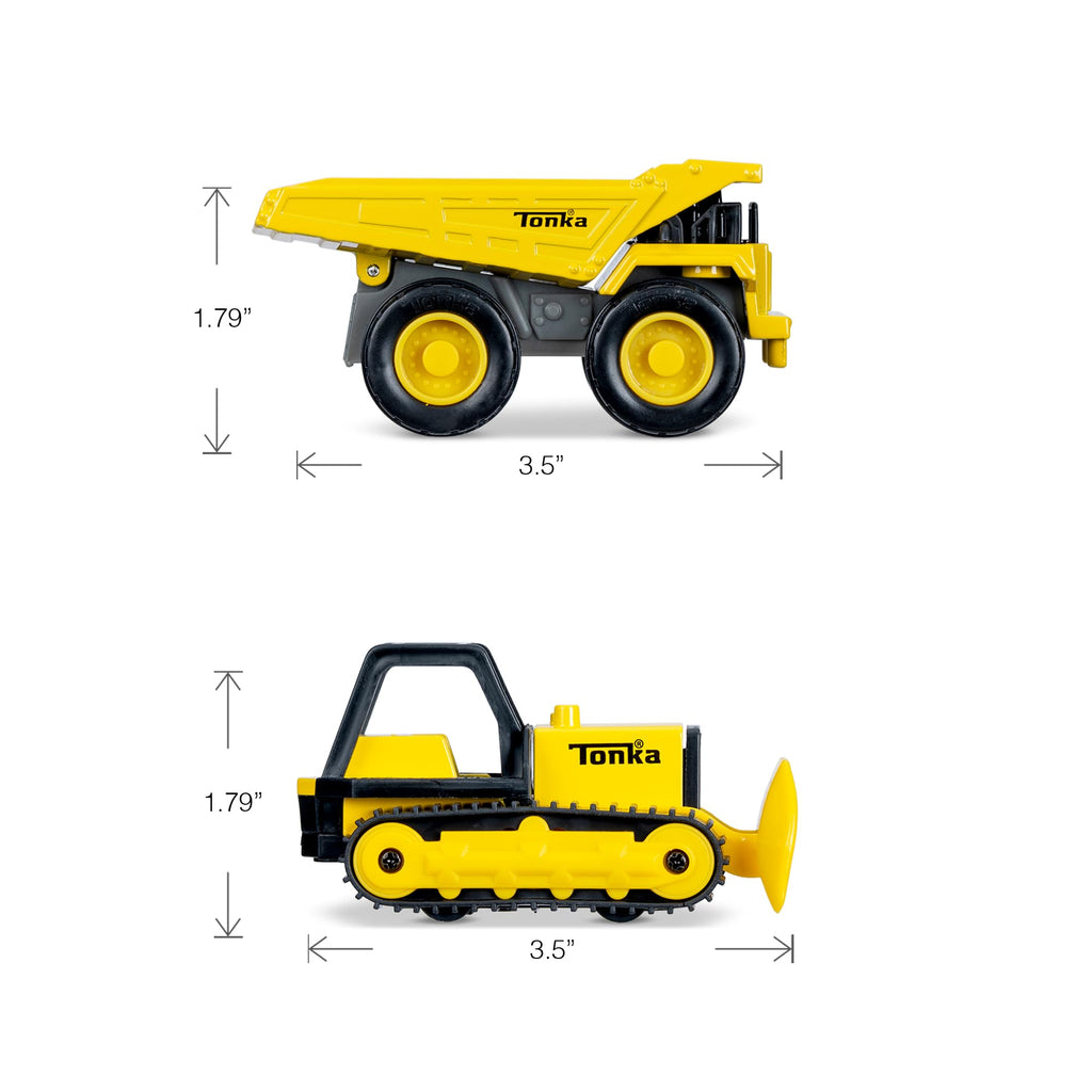 Basic Fun Mini Classics Tonka 2-Pack (Metal Movers Dump Truck and Bulldozer with 3 Traffic Cones and Barrier Fence)