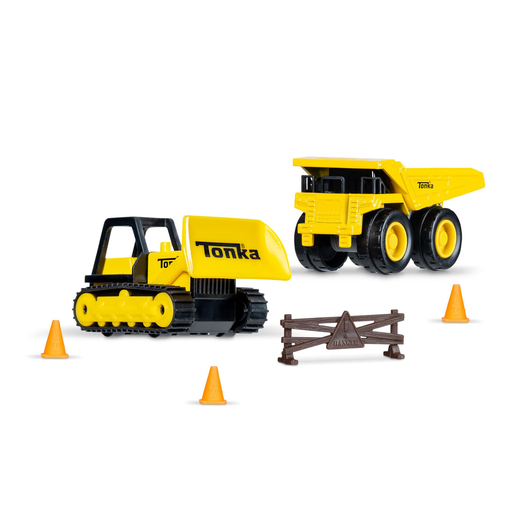 Basic Fun Mini Classics Tonka 2-Pack (Metal Movers Dump Truck and Bulldozer with 3 Traffic Cones and Barrier Fence)