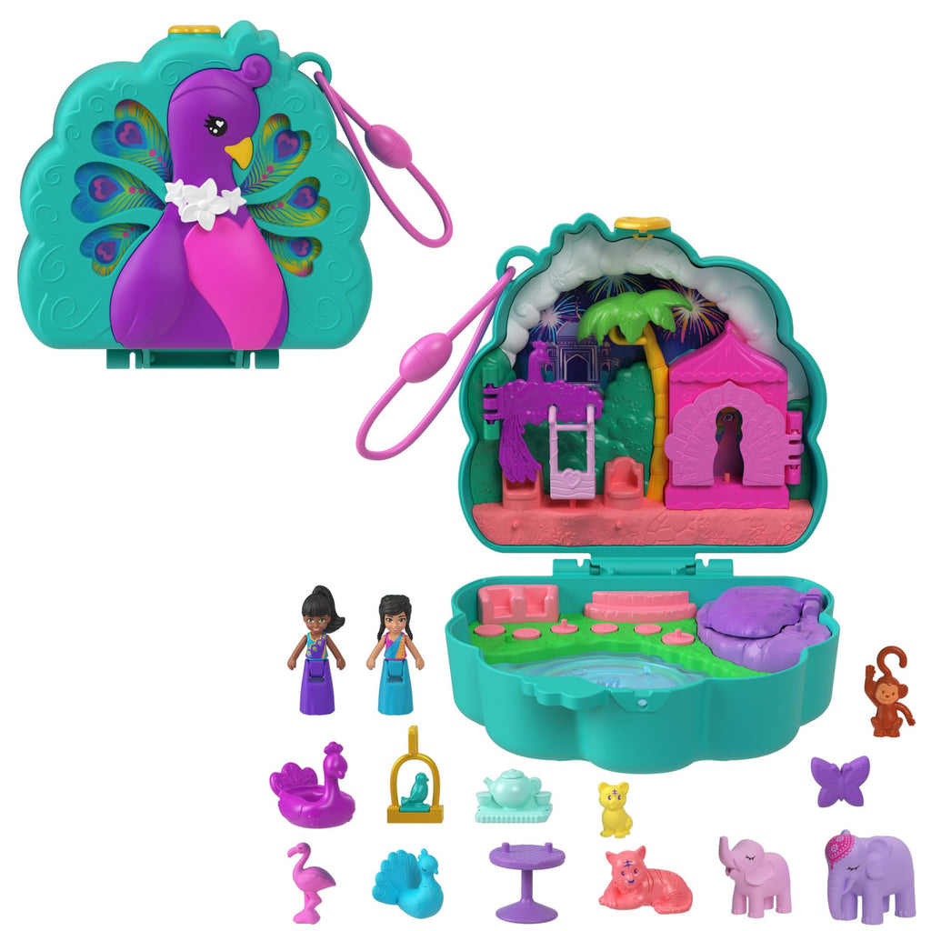 Polly Pocket Dolls & Playset, Peacock Garden Compact, Travel Toy with 2 Micro Dolls, Pets & Animal Accessories