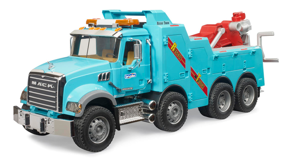 Bruder Mack Granite Heavy Rescue Wrecker Tow Truck with Light & Sound Module | Realistic Recovery Vehicle Toy for Indoor & Outdoor Play