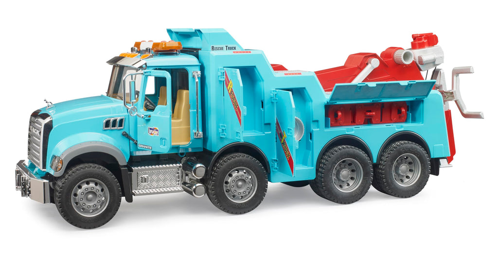 Bruder Mack Granite Heavy Rescue Wrecker Tow Truck with Light & Sound Module | Realistic Recovery Vehicle Toy for Indoor & Outdoor Play