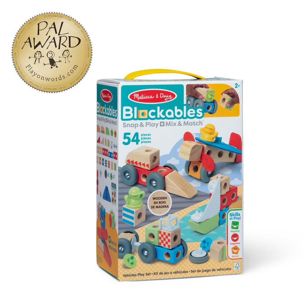 Melissa & Doug Blockables™ Vehicles Snap and Play, Mix and Match Connectable Wooden Building Blocks Play Set Toy for Preschool Boys and Girls (54 Pcs)