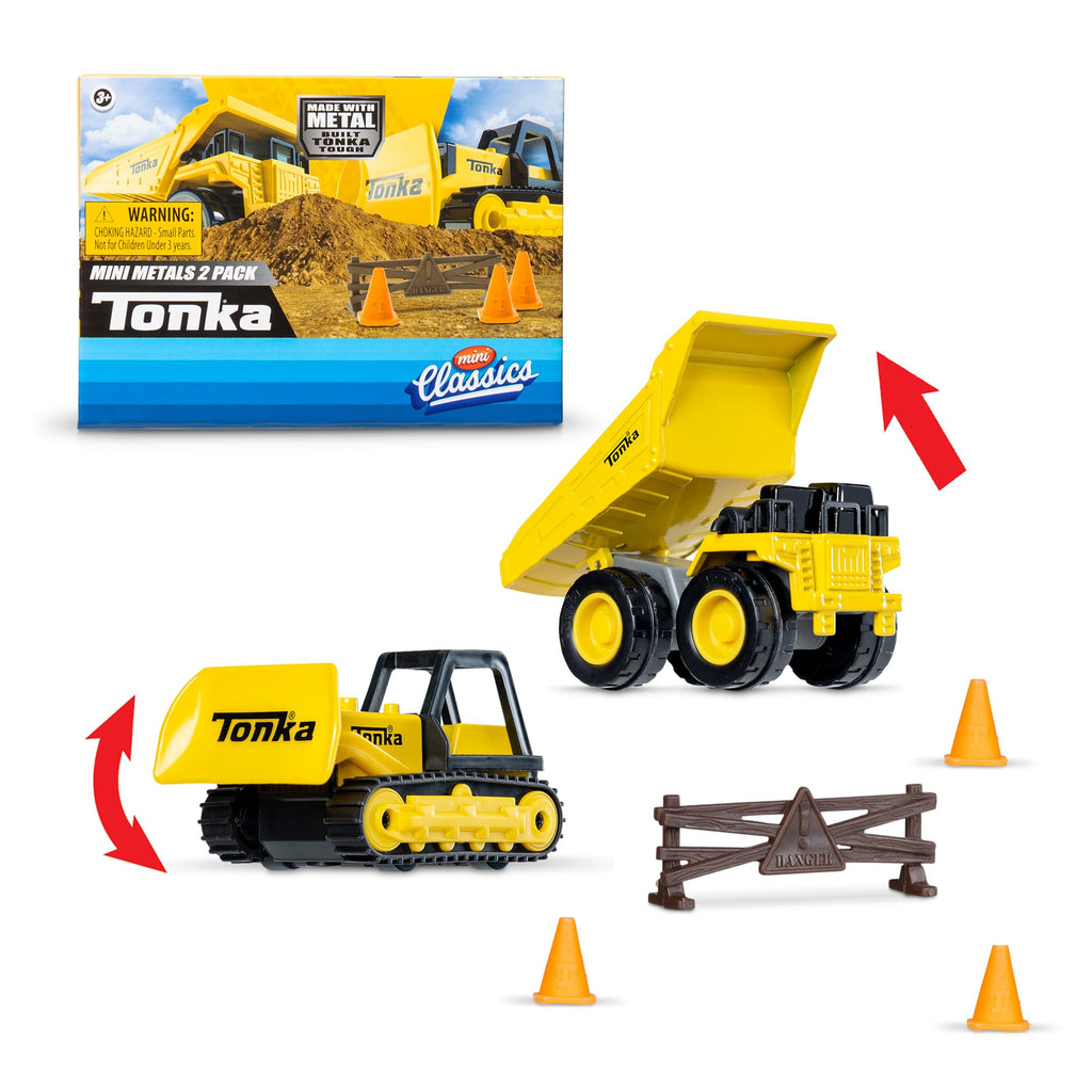 Basic Fun Mini Classics Tonka 2-Pack (Metal Movers Dump Truck and Bulldozer with 3 Traffic Cones and Barrier Fence)