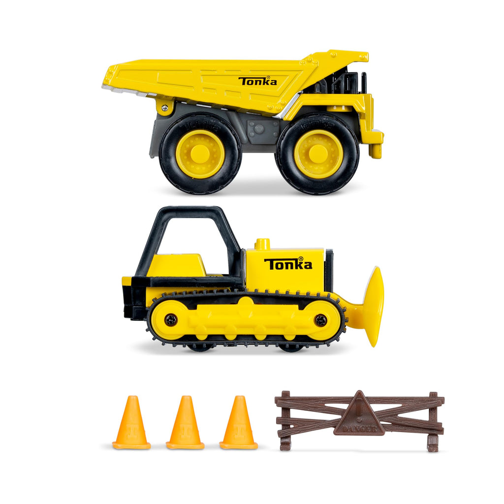 Basic Fun Mini Classics Tonka 2-Pack (Metal Movers Dump Truck and Bulldozer with 3 Traffic Cones and Barrier Fence)