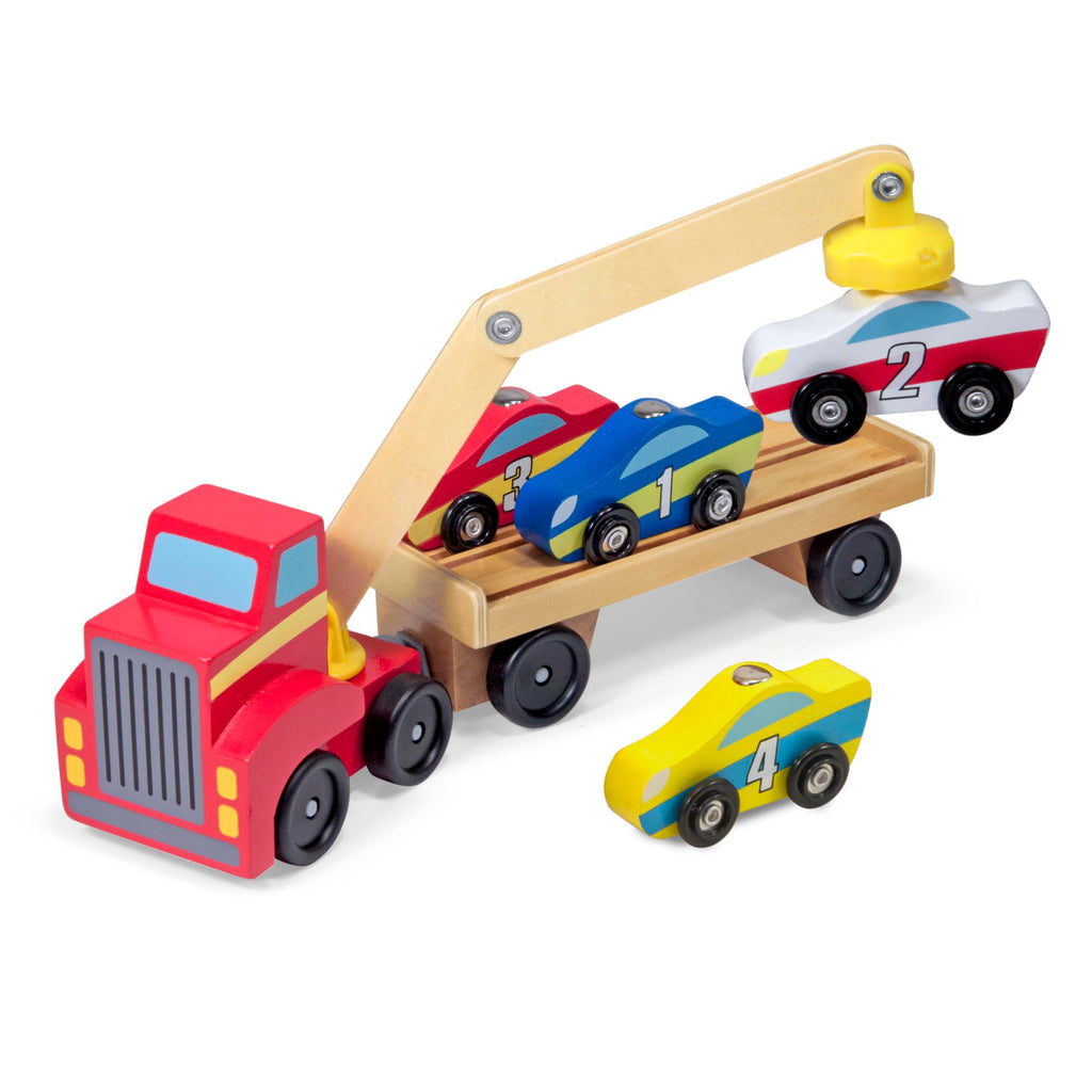 Melissa & Doug Magnetic Car Loader Wooden Toy Set with 4 Cars and 1 Semi-Trailer Truck Crane Wooden Toy, Vehicle Toys for Kids Ages 3+