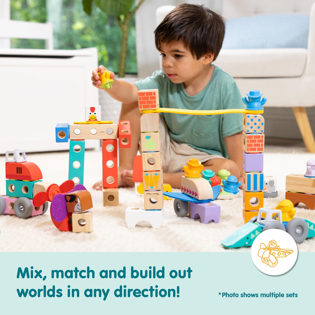 Melissa & Doug Blockables™ Vehicles Snap and Play, Mix and Match Connectable Wooden Building Blocks Play Set Toy for Preschool Boys and Girls (54 Pcs)