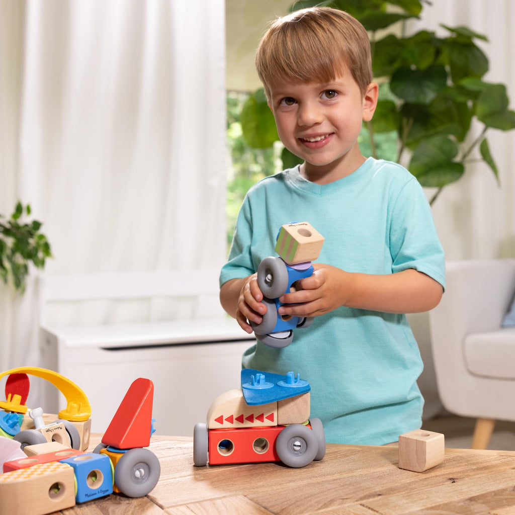 Melissa & Doug Blockables™ Vehicles Snap and Play, Mix and Match Connectable Wooden Building Blocks Play Set Toy for Preschool Boys and Girls (54 Pcs)