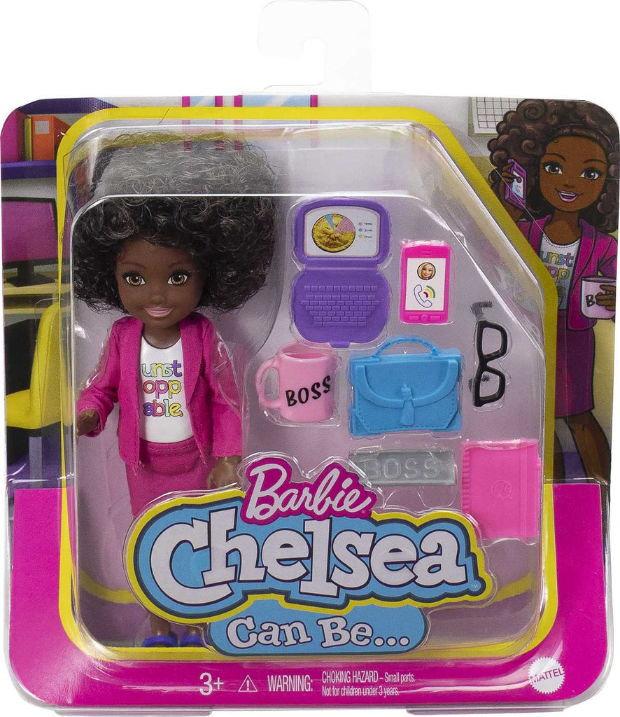 Barbie Chelsea Can Be Anything Doll & Playset, Brunette Boss Small Doll with Curly Hair, Outfit & 7 Career Accessories