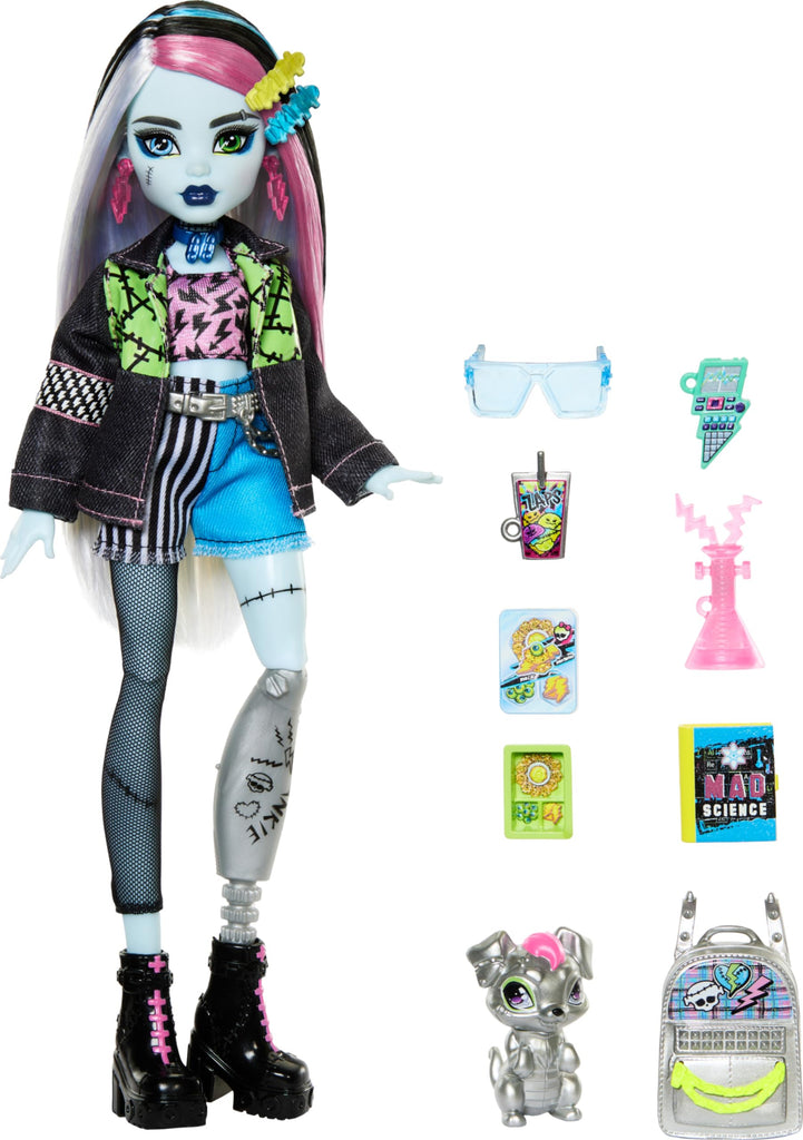 Monster High Frankie Stein Doll in Denim Jacket and Shorts, Includes Pet Dog Watzie and Accessories Like a Backpack, Snack and Notebook