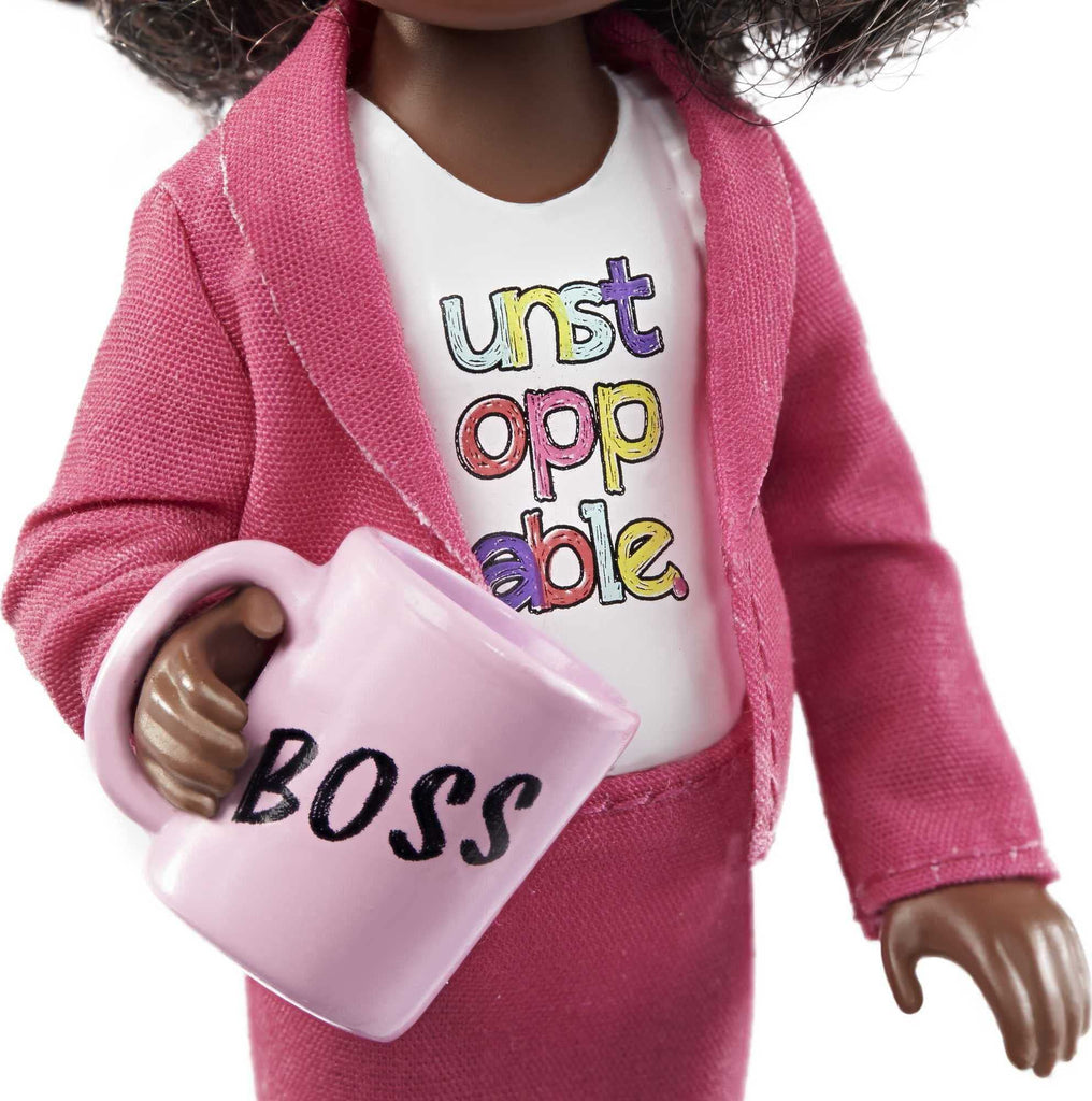 Barbie Chelsea Can Be Anything Doll & Playset, Brunette Boss Small Doll with Curly Hair, Outfit & 7 Career Accessories