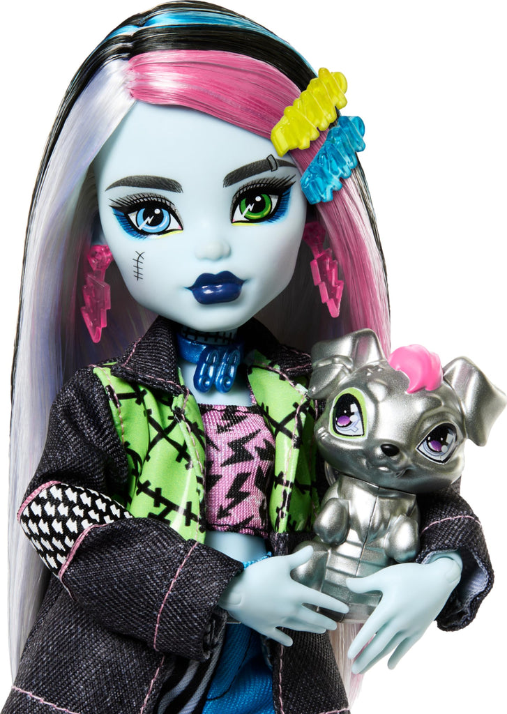 Monster High Frankie Stein Doll in Denim Jacket and Shorts, Includes Pet Dog Watzie and Accessories Like a Backpack, Snack and Notebook