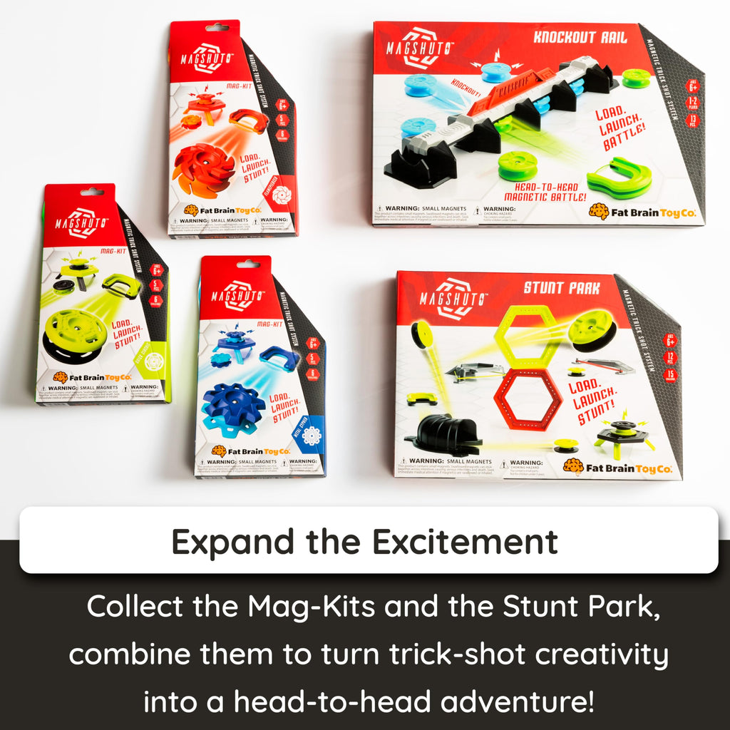 Fat Brain Toys Magshuto Knockout Rail, Magnetic Trick Shot System, Unique 2 Player Magnet Launching Game for Kids and Tweens Ages 6 and Up