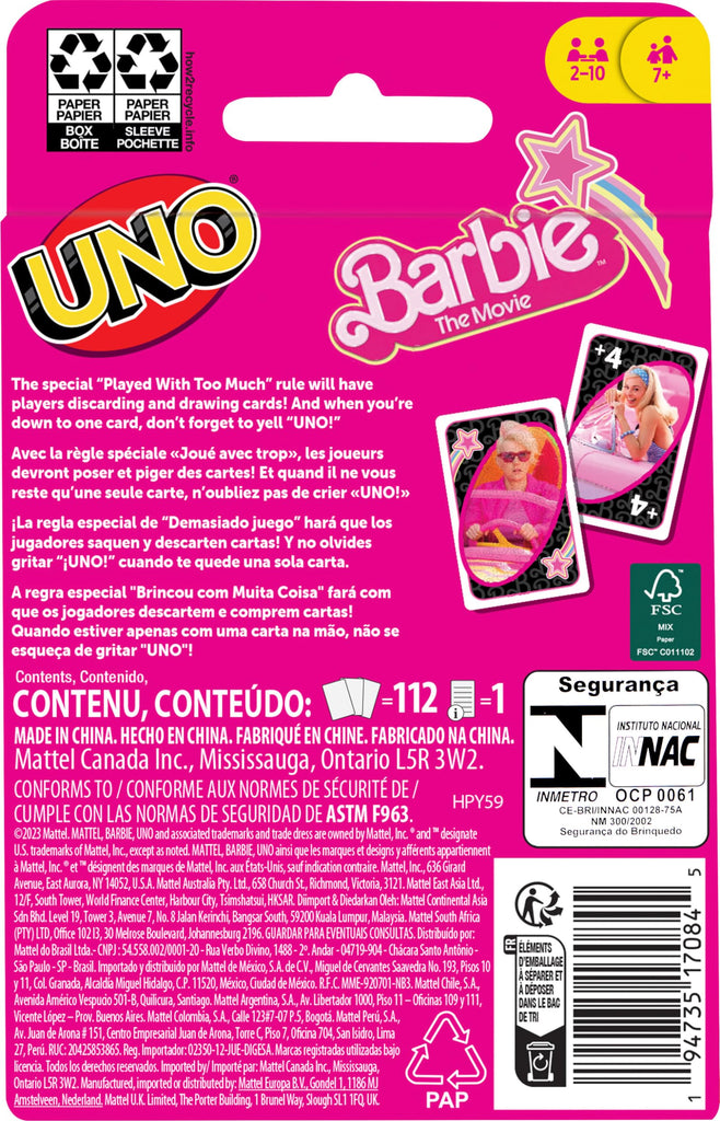 Mattel Games UNO Barbie The Movie Card Game for Kids & Adults Featuring Characters from The Movie & Special Rule, 2 to 10 Players