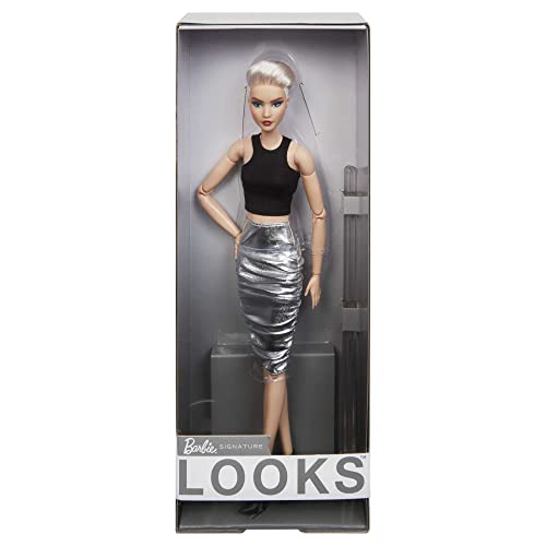 Barbie Signature Looks Doll (Tall, Blonde Pixie Cut) Fully Posable Fashion Doll Wearing Black Crop Top & Metallic Skirt, Gift for Collectors