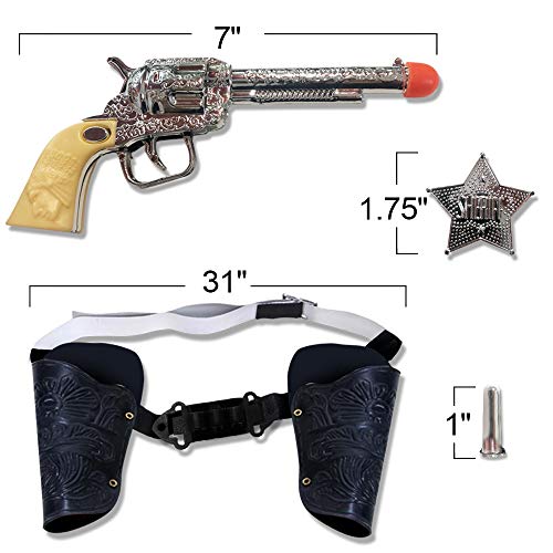 Old Western Action Belt Set for Kids with 2 Toy Pistols, Sheriff Badge, Gun Holsters, and 3 Play Bullets, Adjustable Cowboy Belt Dress-Up Accessories for Woody, Sheriff, Cowboy Costume