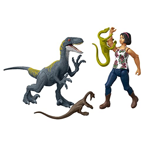 Jurassic World Human & Dino Pack Sammy, Velociraptor & 2 Compy Camp Cretaceous Collectable Action Figures, Movable Joints & Authentic Sculpting, Gift Ages 4 Year & Older