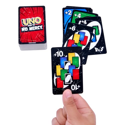 Mattel Games UNO Show ‘em No Mercy Card Game for Kids, Adults & Family Parties and Travel With Extra Cards, Special Rules and Tougher Penalties