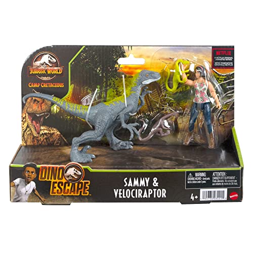 Jurassic World Human & Dino Pack Sammy, Velociraptor & 2 Compy Camp Cretaceous Collectable Action Figures, Movable Joints & Authentic Sculpting, Gift Ages 4 Year & Older