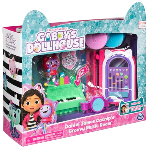Gabby’s Dollhouse, Groovy Music Room with Daniel James Catnip Figure, 2 Accessories, 2 Furniture Pieces and 2 Deliveries, Kids Toys for Ages 3 and Up