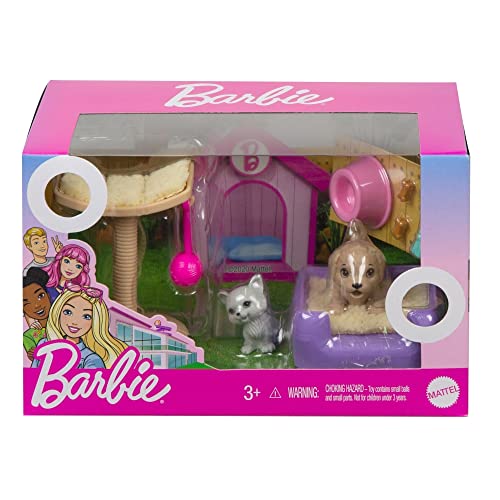 Barbie Doll Pet Theme Accessory Set - Pair with Dollhouse or Stand Alone Play ~ Puppy, Kitten, Scratching Post, Dog Bed, Toys and More