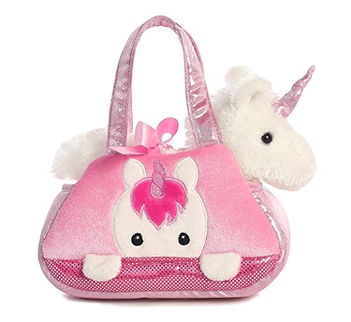 Pink unicorn pet carrier with plush stuffed animal