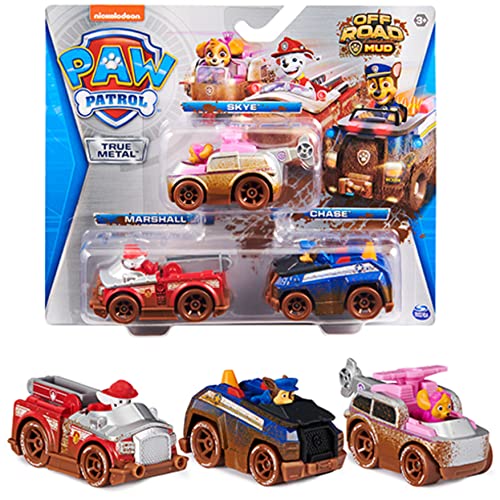 PAW PATROL 3 Pack True Metal Ride On Mud Cars with Skye, Chase and Marshall 1:55 Scale