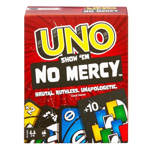 Mattel Games UNO Show ‘em No Mercy Card Game for Kids, Adults & Family Parties and Travel With Extra Cards, Special Rules and Tougher Penalties