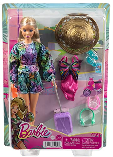Barbie Travel Playset with Fashionistas Travel Doll and Scooter, Pet Puppy, Stickers & Travel Accessories
