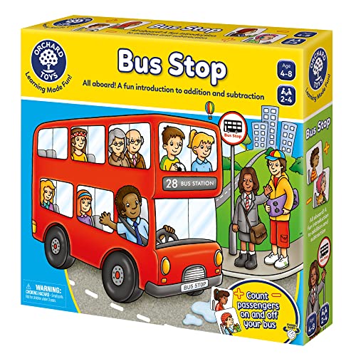 ORCHARD TOYS Moose Games Bus Stop Game. A Fun Introduction to Addition and Subtraction. Pick up and Drop Off Passengers on Your Bus. for Ages 4-8 and for 2-4 Players
