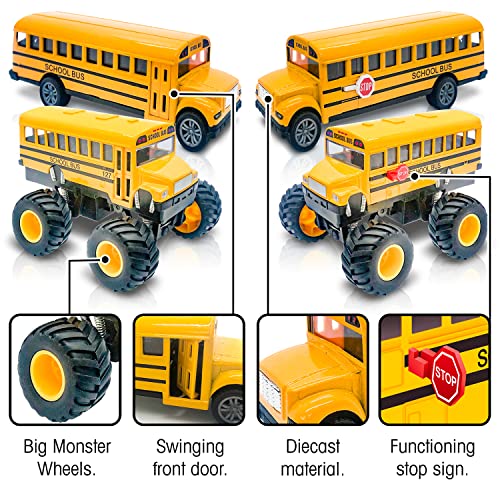 5 Inch Pull Back School Buses - 5 Inch Monster-Wheel School Bus and 5 inch Classic School bus, each sold separately