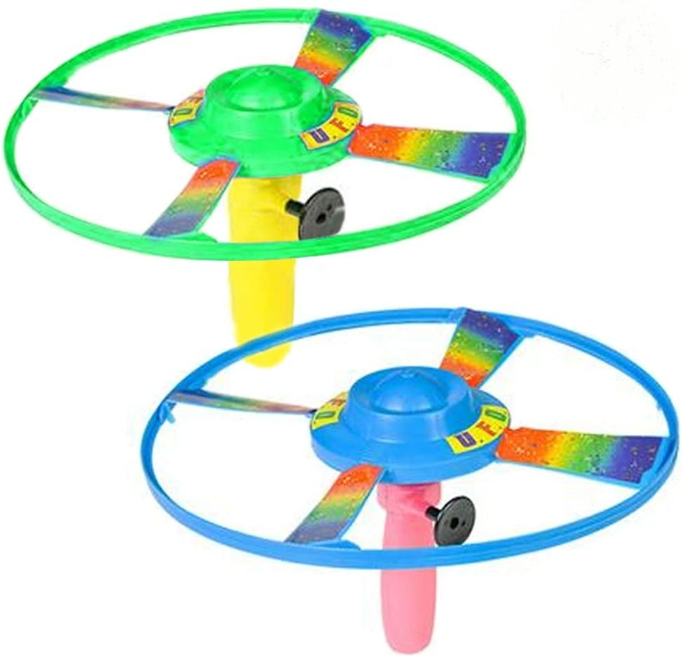 Pull Cord Flying UFO - 10 Inch Space Ship Toy - Flies Over 65 Feet
